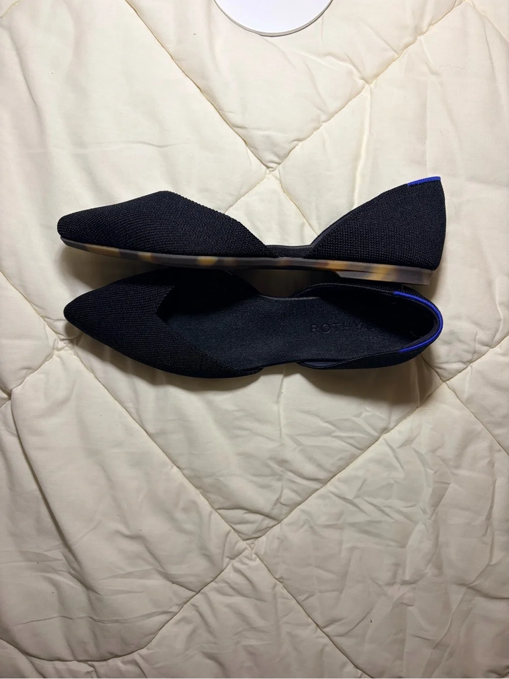 Rothy's Black Pointed D'Orsay Flats with Blue Trim